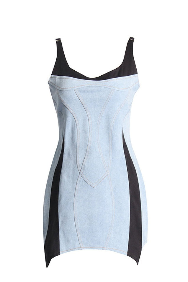 Robe en Denim Bi-Matériaux à Spirale