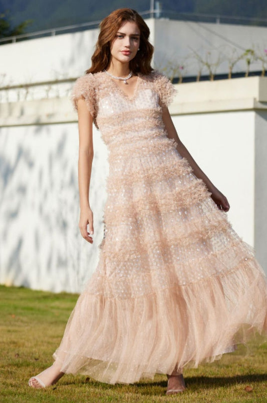 Robe Maxi en Tulle à Volants Superposés et Paillettes - Révier Paris
