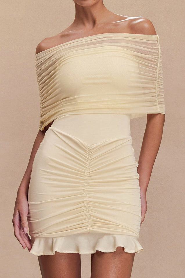 Robe Mini Évasée en Mesh et Satin à Épaules Dénudées - Révier Paris
