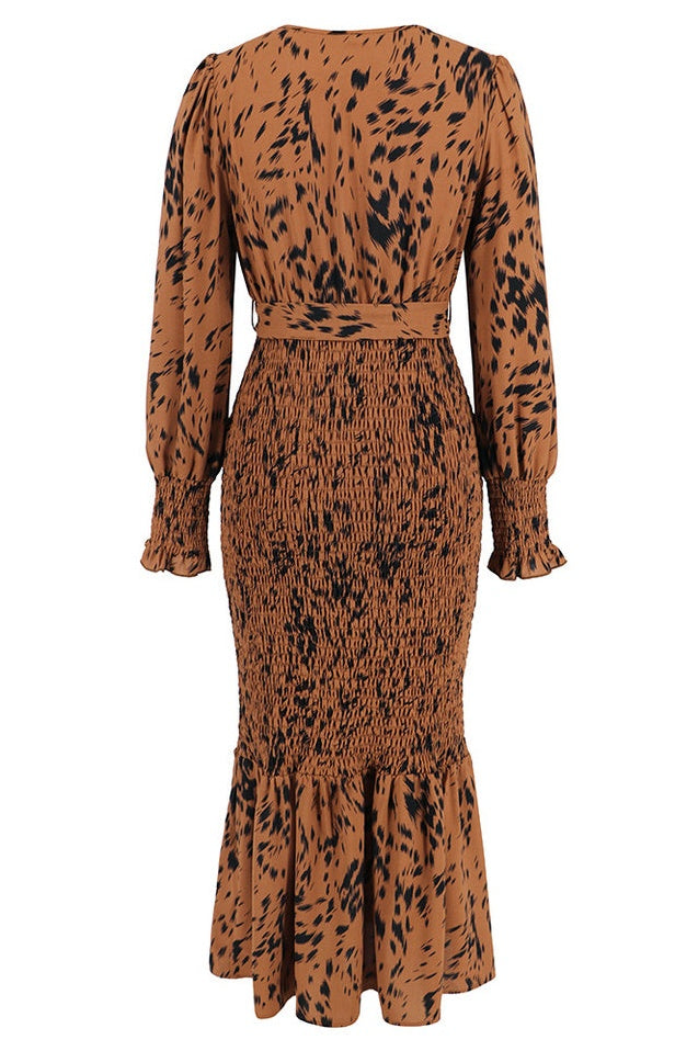 Robe Midi Smockée Imprimée à Col V