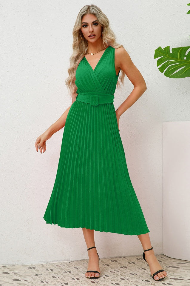 Robe Sans Manches Plissée avec Ceinture