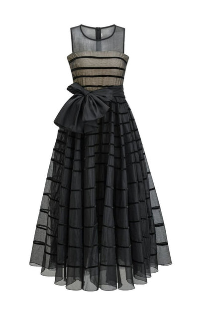 Robe Longue Maxi à Col Rond avec Nœud Papillon