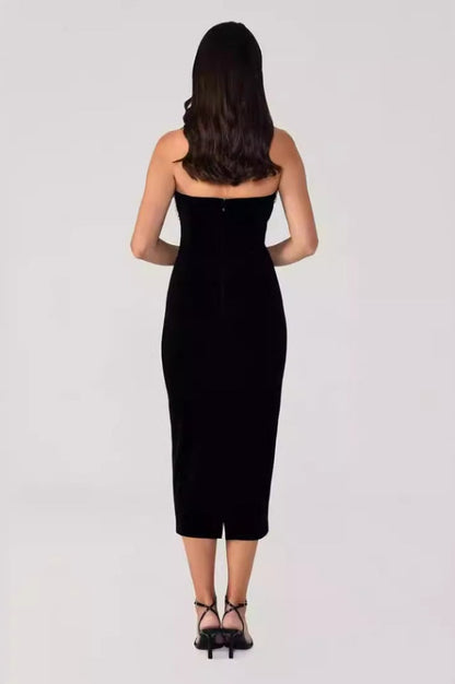 Robe Midi Sans Bretelles à Détails en Cristal