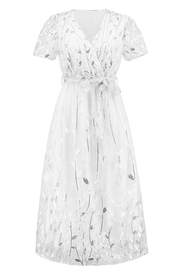 Robe Brodée de Feuilles à Sequins avec Décolleté Lié