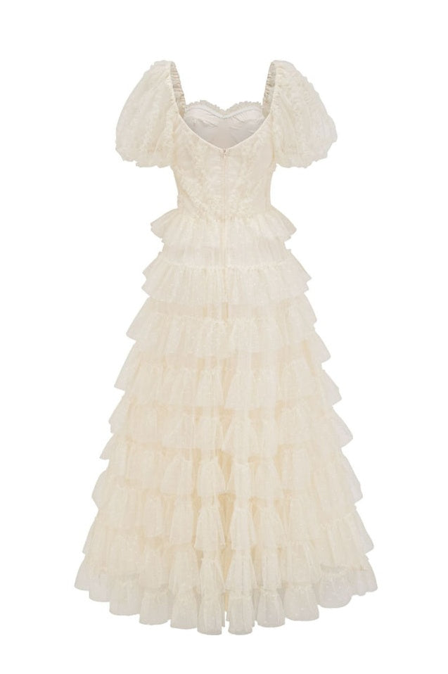 Robe de Cérémonie Évasée à Volants Décolleté Bardot