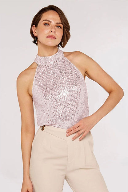Top Halter Brodé de Sequins Abricot