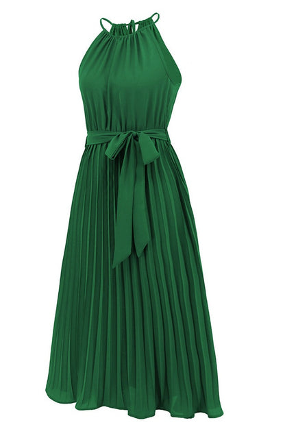 Robe Midi Évasée à Bretelles Spaghetti et Taille Cintrée Plissée