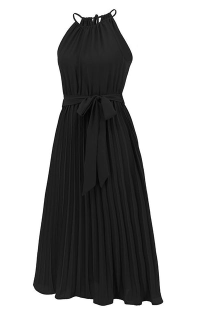 Robe Midi Évasée à Bretelles Spaghetti et Taille Cintrée Plissée