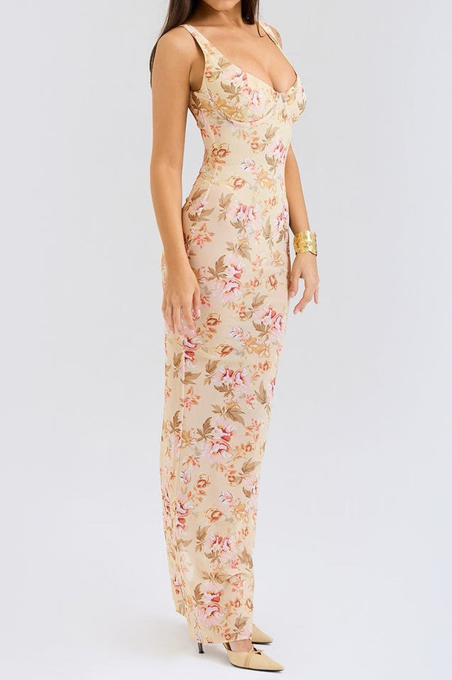 Robe Longue Évasée à Corsage Bustier Floral