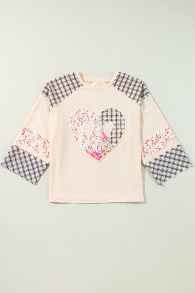 Haut à Manches Longues en Patchwork Floral en Forme de Coeur