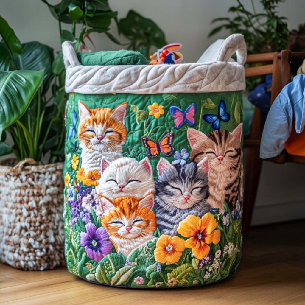 Panier à linge matelassé artisanal – Chat câlin