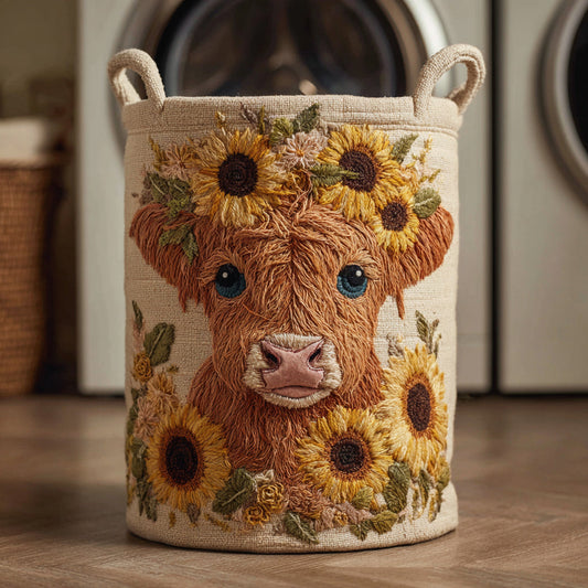 Panier à linge matelassé artisanal – Vache Highland et fleurs
