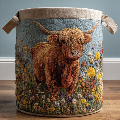 Panier à linge matelassé artisanal – Vache Highland et fleurs