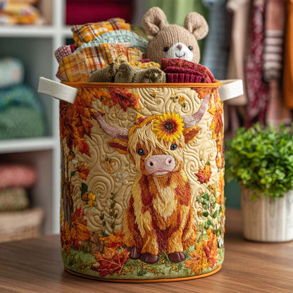 Panier à linge matelassé artisanal – Vache Highland et fleurs