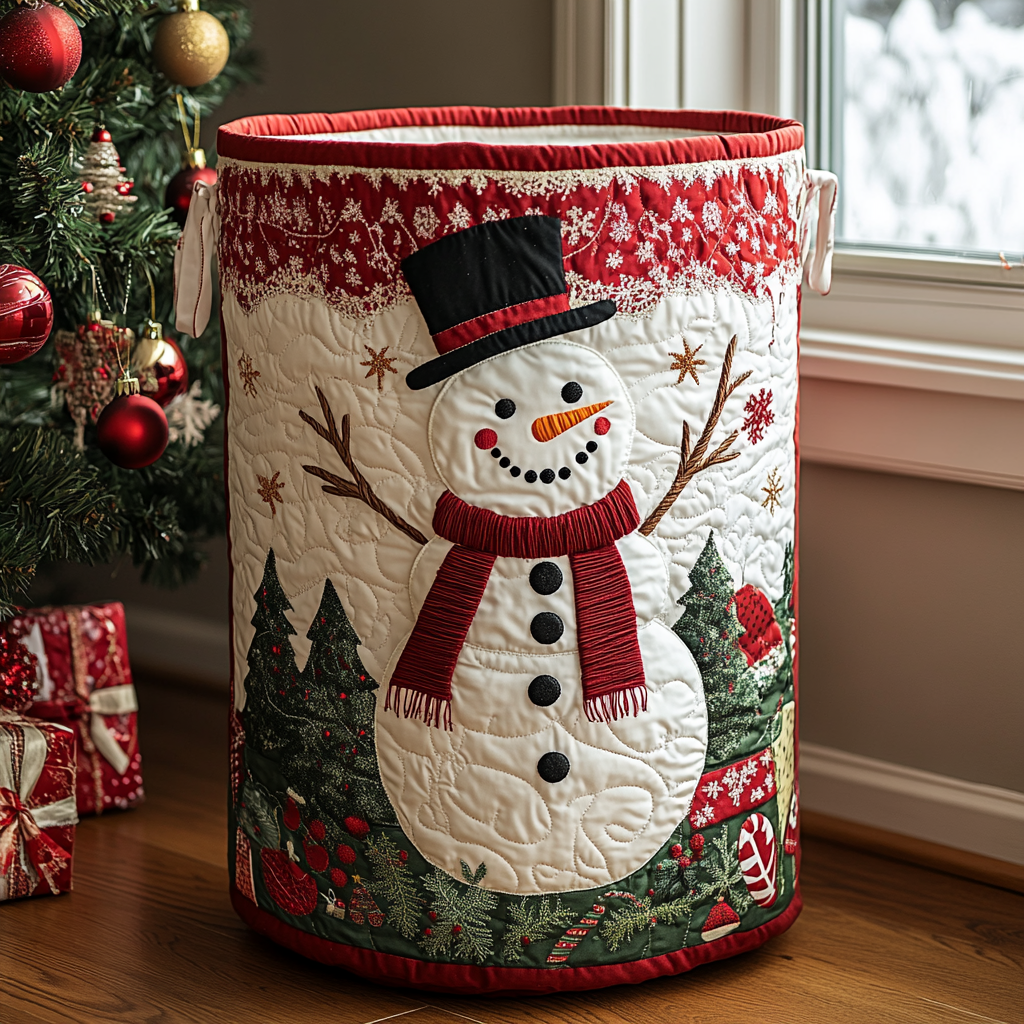 Panier à linge matelassé artisanal – Bonhomme de neige