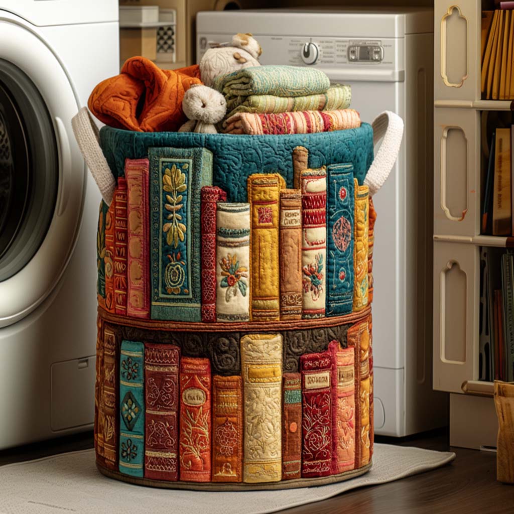 Panier à linge matelassé artisanal – Motif littéraire