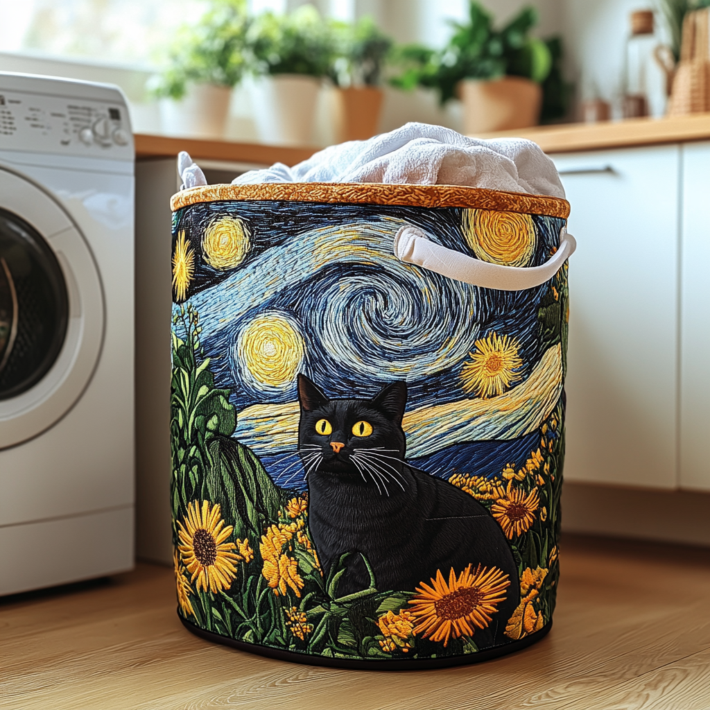 Panier à linge matelassé artisanal – Chat curieux