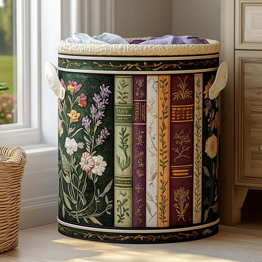 Panier à linge matelassé artisanal – Livres et jardin fleuri
