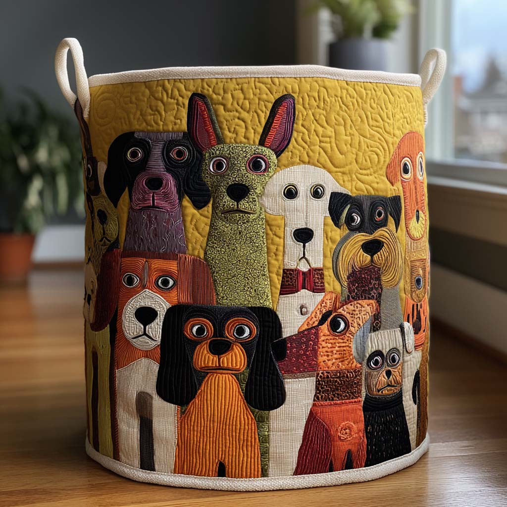 Panier à linge matelassé artisanal – Motif chien