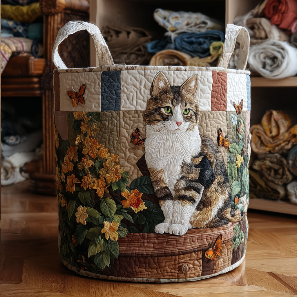 Panier à linge matelassé artisanal – Chats et fleurs