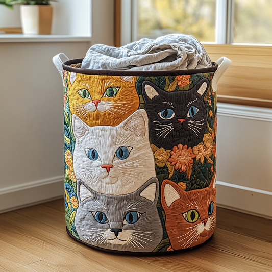 Panier à linge matelassé artisanal – Chats et fleurs