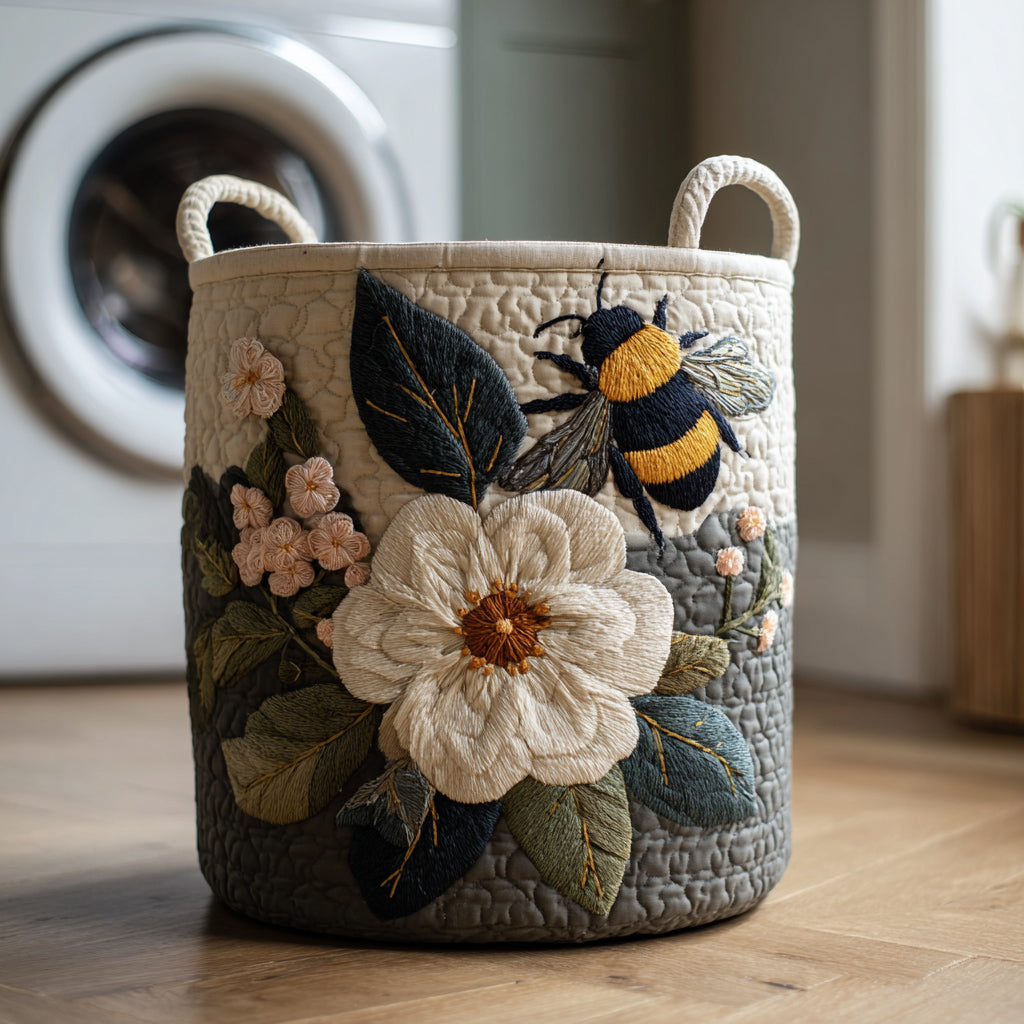 Panier à linge matelassé artisanal – Abeilles et fleurs