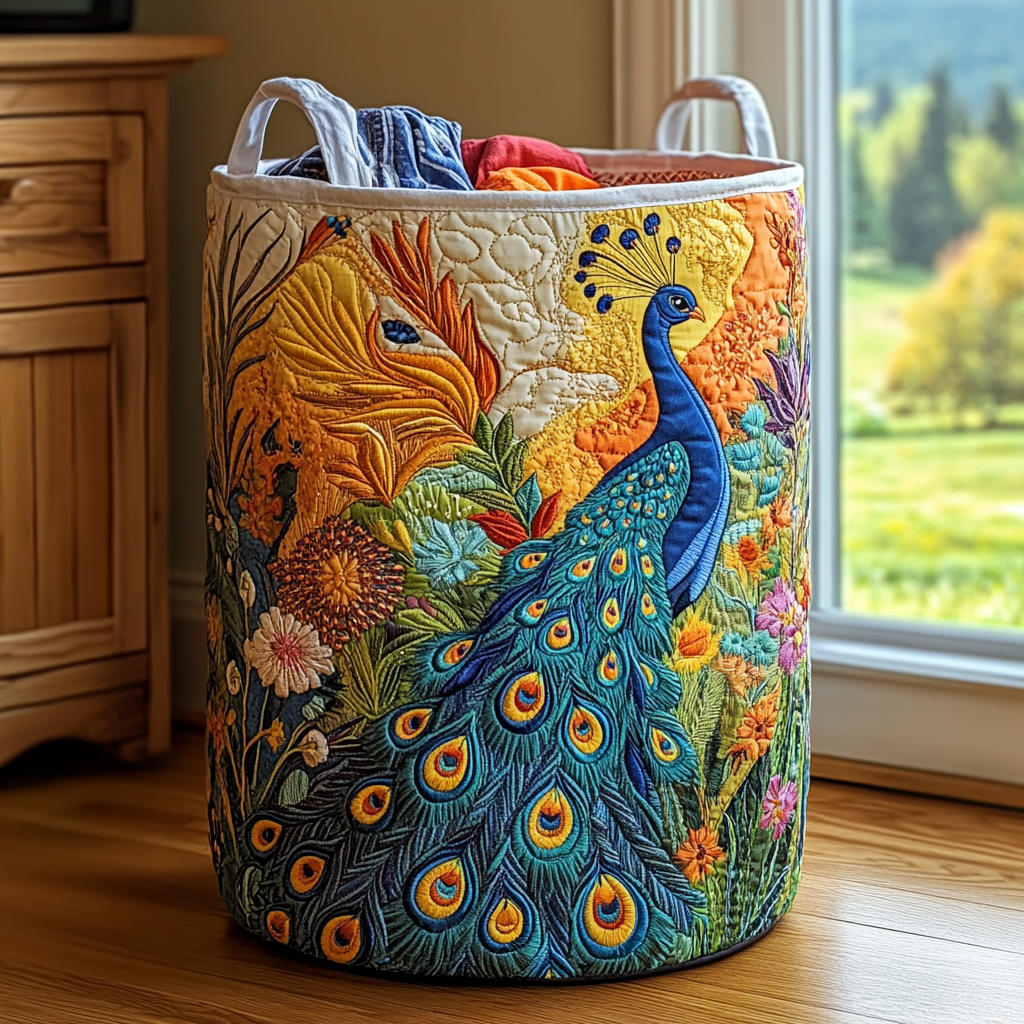 Panier à linge matelassé artisanal – Paon