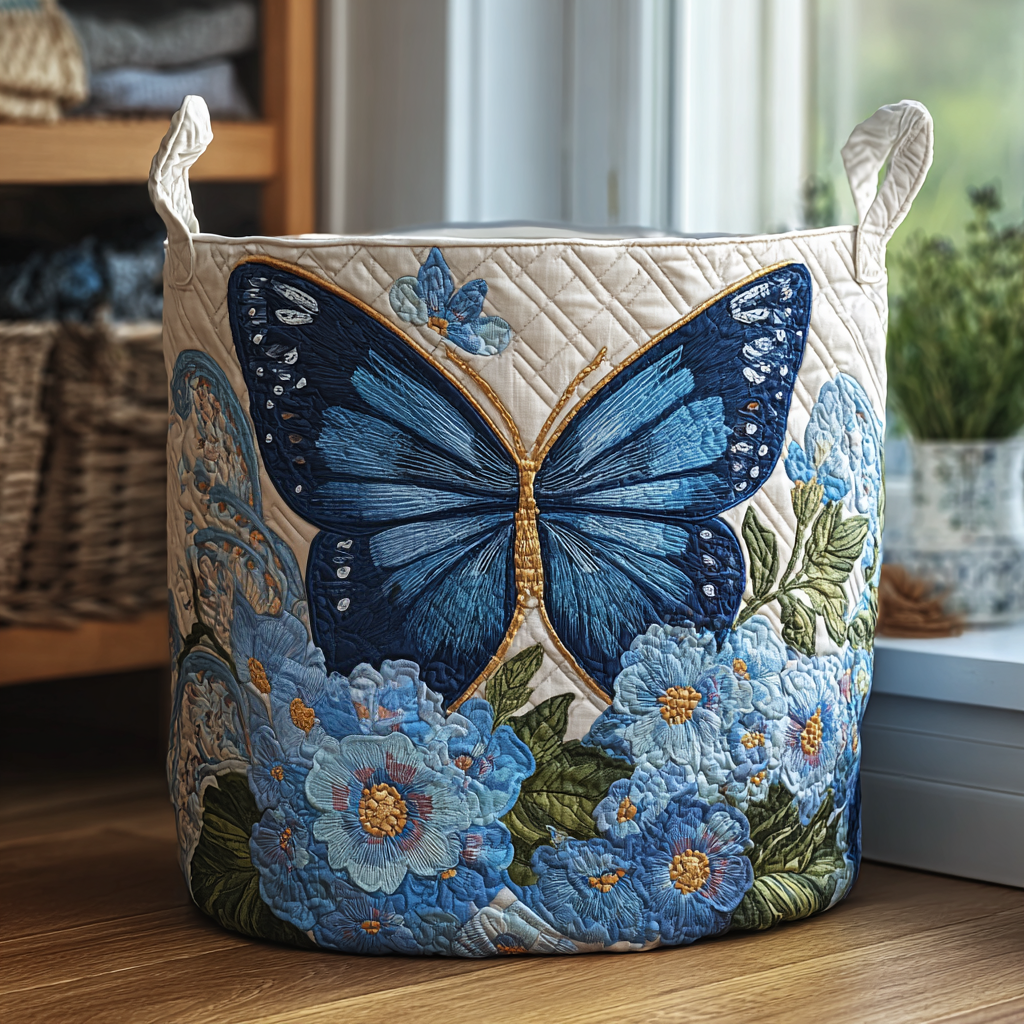 Panier à linge matelassé artisanal – Papillon et fleurs