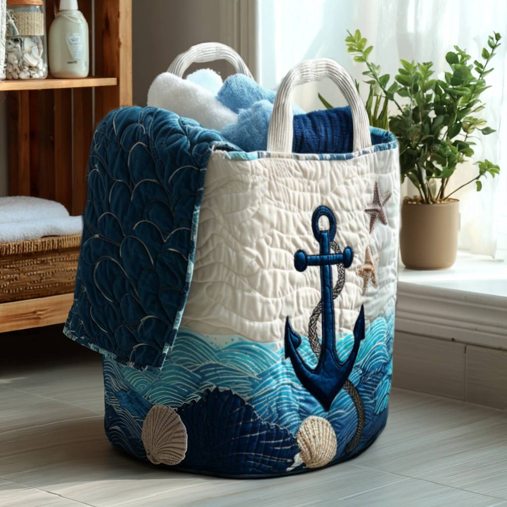 Panier à linge matelassé artisanal – Motif marin