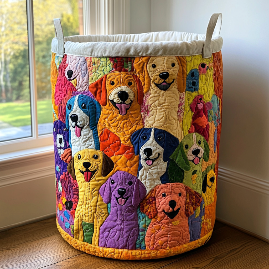 Panier à linge matelassé artisanal – Chiot joyeux