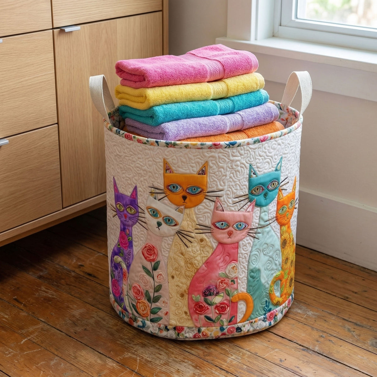 Panier à linge matelassé artisanal – Chat joyeux